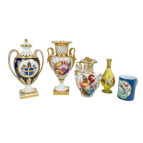 131 - A 19th C Iron stone Jug with painted detail, Wedgewood Cane ware open bowl, 19th C oviform Vase with... 