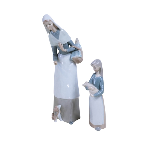 141 - Lladro figure of a young girl holding a piglet, further Lladro figure crown Staffordshire bird group... 