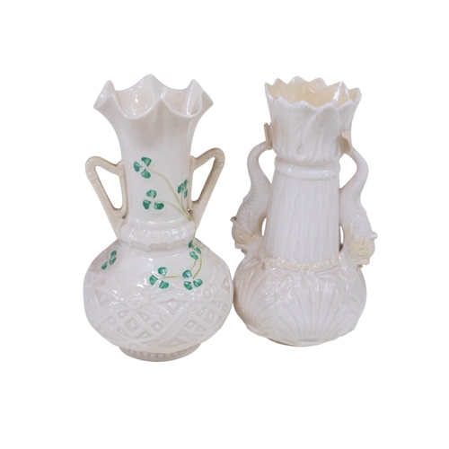 144 - A Belleek 3 divisional shell & coral hors d'oeuvre dishes & 2 further vases