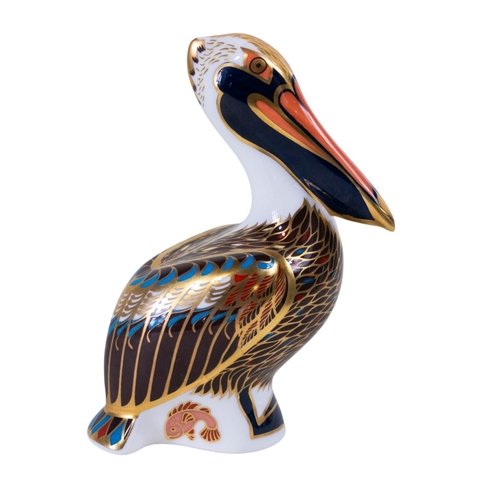 162 - Royal Crown Derby paperweight -the Brown Pelican with silver stopper together with a purple art glas... 