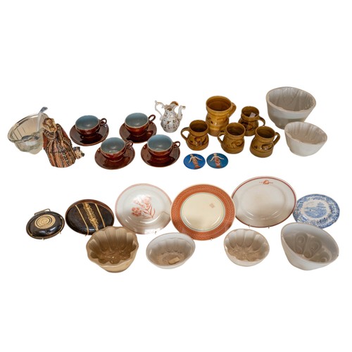 258 - A collection of Coldstone tea cups & saucers with Wheatear pattern, a slipware dish, terracotta figu... 