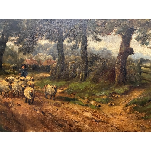42 - Attributed to Thomas Blinks (1853/60-1912) - Shepherd and sheep along a wooded path, oil on canvas, ... 
