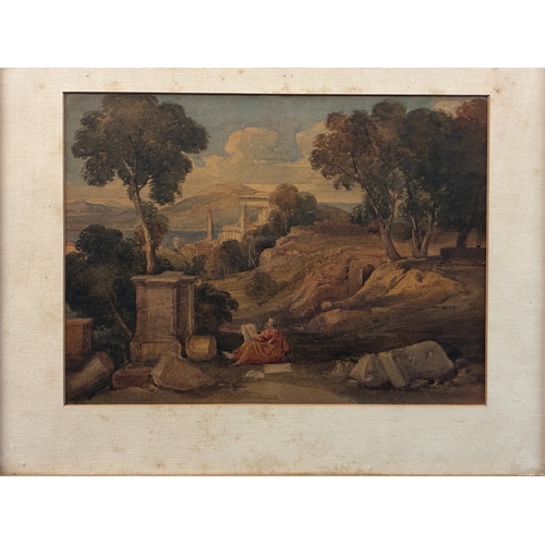 9 - After Nicolas Poussin (1594-1665) - Landscape with Saint John on Patmos, watercolour on paper, mount... 