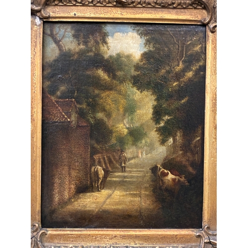 41 - 19th Century School - A view down the road, with cows and a figure approaching, indistinctly signed ... 