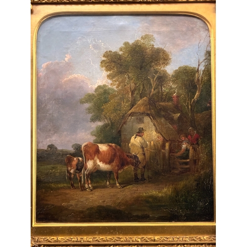 26 - William Shayer Snr. (1787-1879) - A cottage exterior meeting at the gate, oil on canvas, signed lowe... 