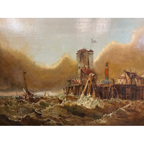 57 - British School, 19th Century - Fishing boat caught in a storm off the pier, unsigned, oil on canvas,... 