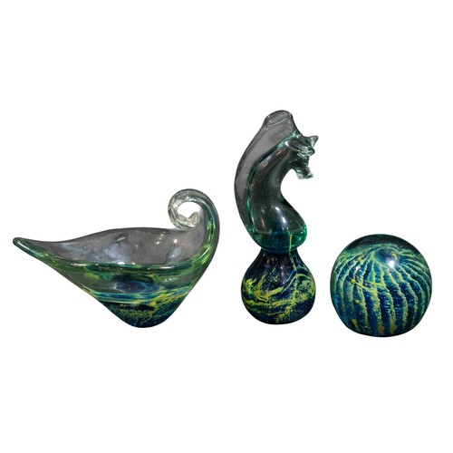 286 - Three pieces of Mdina art glass to include a 'horse' sculpture, paperweight and 'leaf' shaped dish, ... 