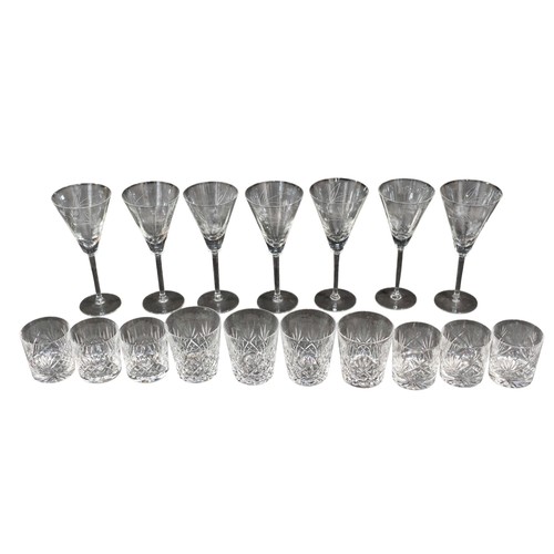 296 - A collection of seven etched stem glasses and ten various cut glass tumblers