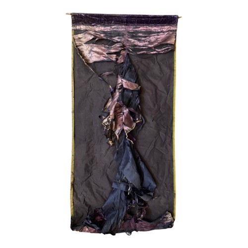 46 - An ecclesiastical Catholic church textile banner, showing a bishop saint holding a crozier, metal th... 