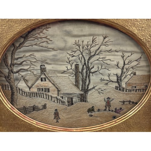 49 - An 18th century silkwork by Louise Gilles, of a winter country scene with houses and figures playing... 
