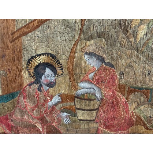 47 - 19th Century School - Christ and the Samaritan woman at the well, silk and wool embroidery, with han... 