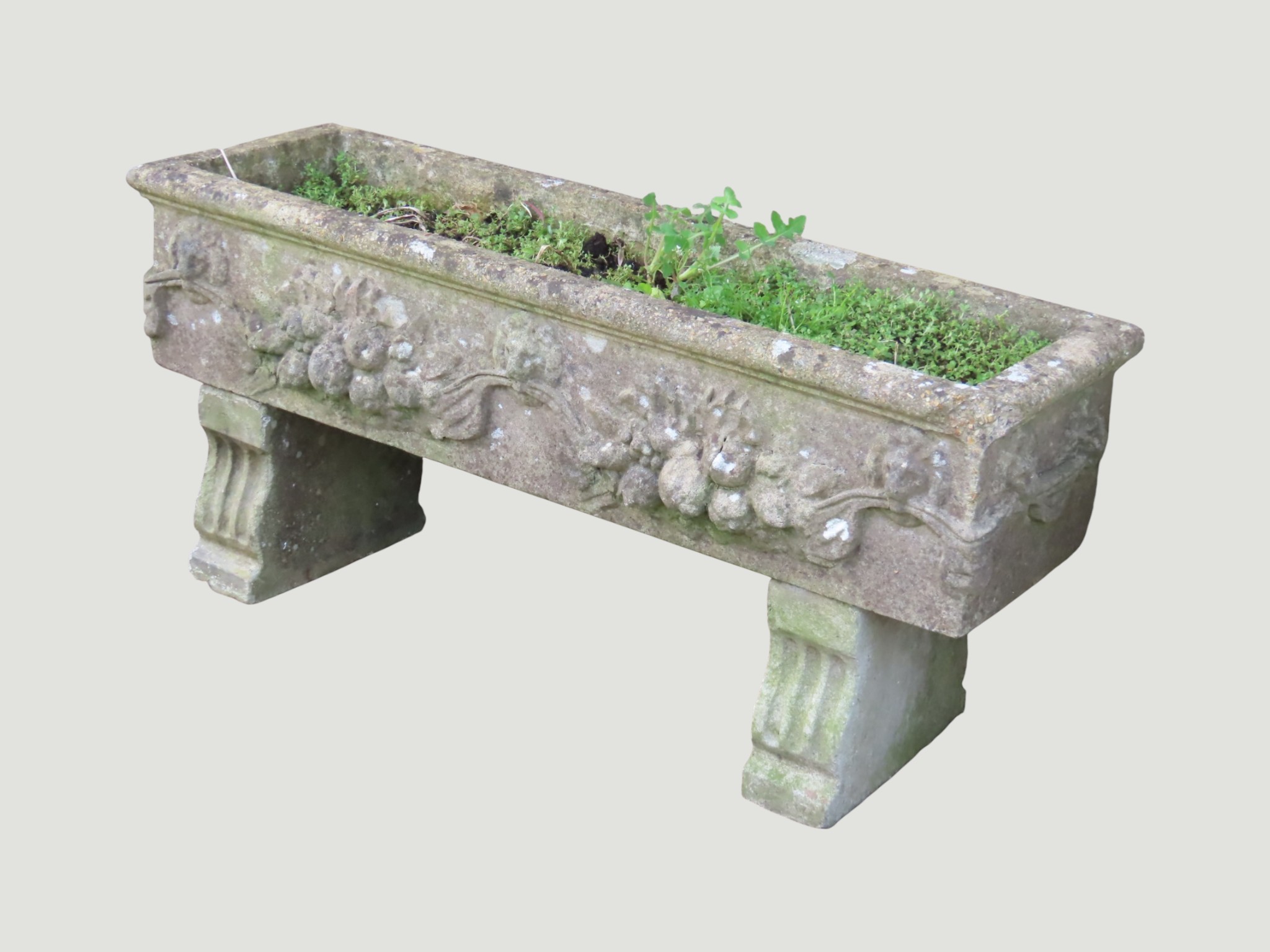 A set/run of four weathered cast composition stone rectangular planters ...