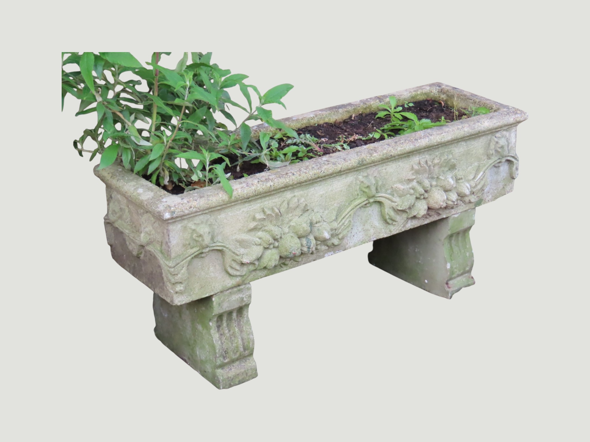 A set/run of four weathered cast composition stone rectangular planters ...