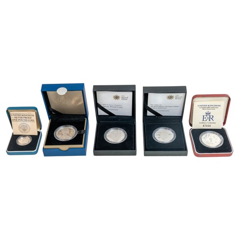 729 - 4 x Royal Mint silver proof £5 coins/crowns and 1 x Royal Mint 1984 Silver Proof £1 coin