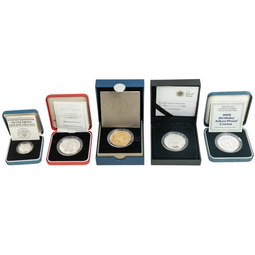 730 - 4 x Royal Mint Silver Proof £5 coins / crowns and 1 x Royal Mint 1984 Silver Proof £1 coin