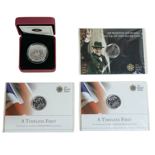 727 - 3 x Royal Mint Silver Proof £20 coins and 1 x Royal Canadian Mint $10 Silver Maple leaf coin