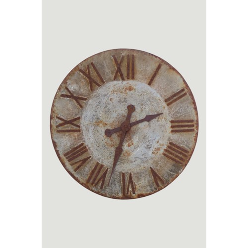 A weathered steel circular clock dial with moveable hands 65 cm diameter