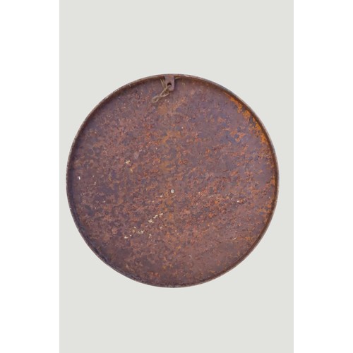 A weathered steel circular clock dial with moveable hands 65 cm diameter