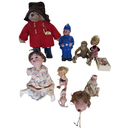 683 - Heubach Koppelsdorf doll 4342-18, another 342-4, Papier mache policeman, toy monkey and other toys