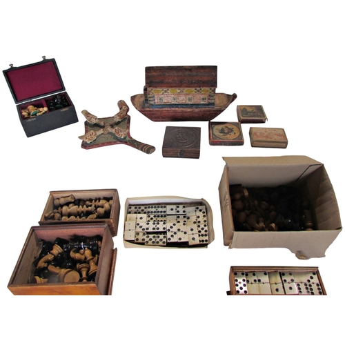 685 - Four vintage timber chess sets, two sets of bone and ebony dominoes (large format), 19th century ark... 