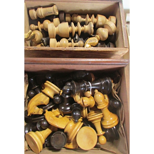 685 - Four vintage timber chess sets, two sets of bone and ebony dominoes (large format), 19th century ark... 