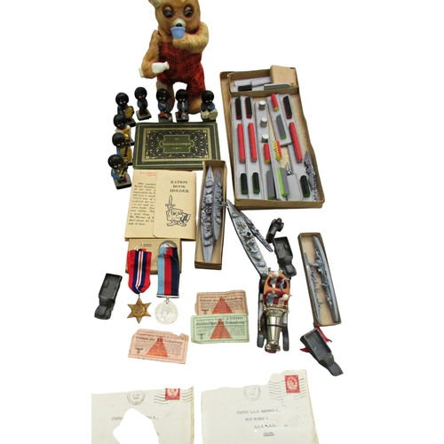 705 - Clockwork bear, toy battleships and military vehicles, large quantity of sweetheart letters written ... 