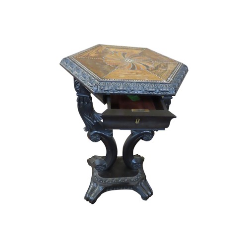 1523 - A good quality 19th Century ebony Celanese centre table. The hexagonal top with inlaid detail raised... 