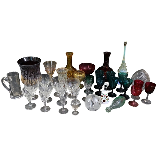 264 - A collection of various glass to include etched wines, vaseline glass, bohemian glass, etc.