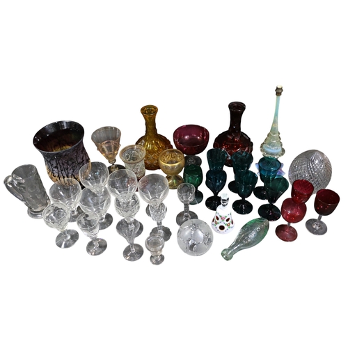 264 - A collection of various glass to include etched wines, vaseline glass, bohemian glass, etc.