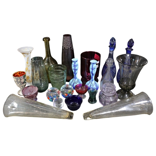 266 - A large collection of various glassware to include a pair of cut blue and clear glass decanters, vas... 