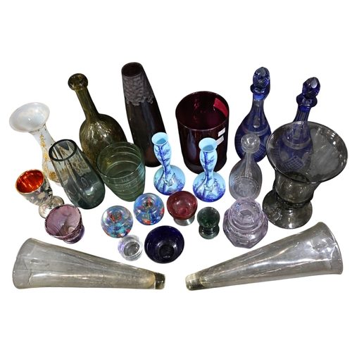 266 - A large collection of various glassware to include a pair of cut blue and clear glass decanters, vas... 