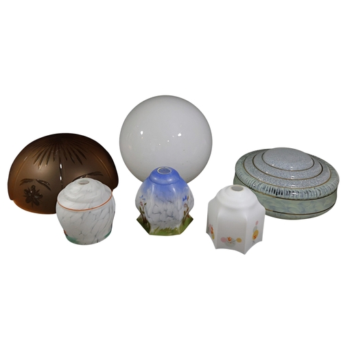 270 - Two early to mid 20th century glass hanging plaffoniers, an opaque glass spherical shade and three o... 
