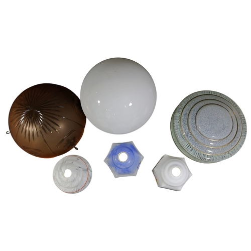 270 - Two early to mid 20th century glass hanging plaffoniers, an opaque glass spherical shade and three o... 