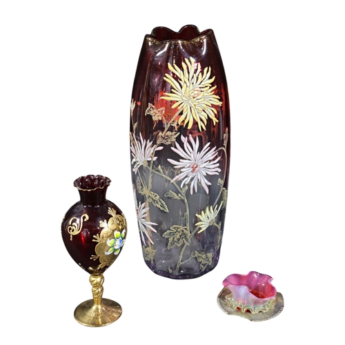 290 - Three various pieces of coloured glassware to include a Bohemian gilt ruby glass posey vase, similar... 