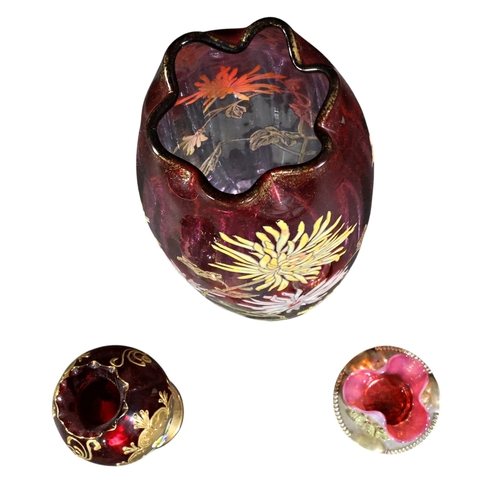 290 - Three various pieces of coloured glassware to include a Bohemian gilt ruby glass posey vase, similar... 
