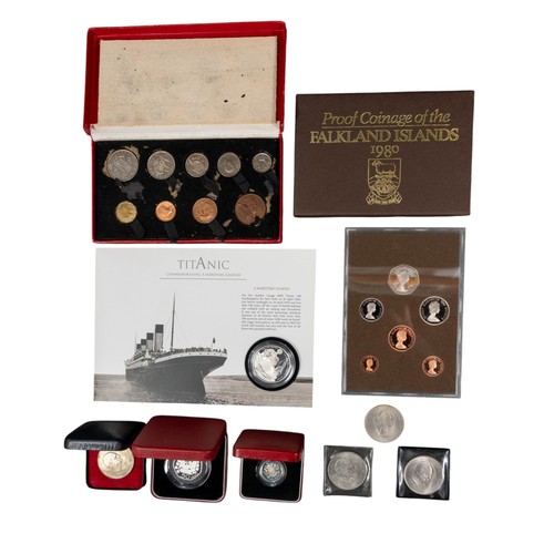 733 - Uncirculated 1950 coin set 1/2 crown - to farthing, 1992 Piedfort silver proof 50p Coin, 1980 Falkla... 
