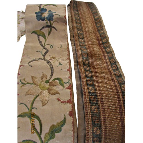 710 - Quantity of tassels, tapestry bell pull with brass ring handles, two handworked face screens