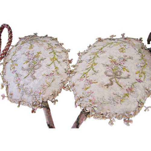 710 - Quantity of tassels, tapestry bell pull with brass ring handles, two handworked face screens