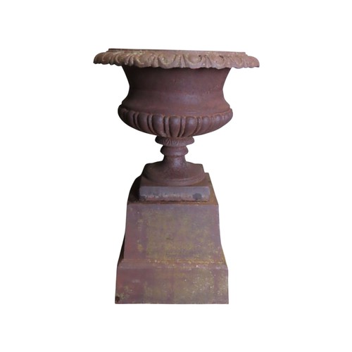 A weathered cast iron garden urn of classical design, with flared egg and dart rim, squat lobed bowl and fixed square base socle, raised on a loose square stepped and tapered pedestal, 80cm high x 50cm diameter