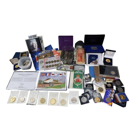 735 - A box of mixed English coinage including 55 x x£5 coins, further crowns, worldwide bank notes, furth... 