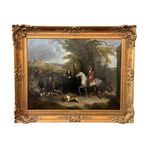 Richard Barrett Davis (1782-1854) - Sir Roger de Coverley & his Hounds (1843), a depiction of the fictional character leaving his large country estate in Worcestershire to go hunting, oil on canvas, signed and dated lower right with inscribed plaque below, stretcher: 113 x 87 cm, substantial and highly ornate gilt frame: 114 x 141 cm