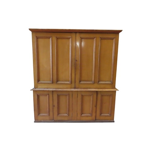 A good, substantial 19th century estate made Scottish stained pine two sectional housekeeper’s cupboard enclosed by four rectangular moulded panelled doors with fitted interior, 199 cm high x 188 cm x 44 cm