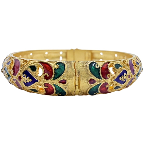 A 23ct gold and enamelled hinged bangle, with orange, green and blue enamel details, inner diameter 5.9cm x 5.5cm, stamped 96.5, 40 grams
