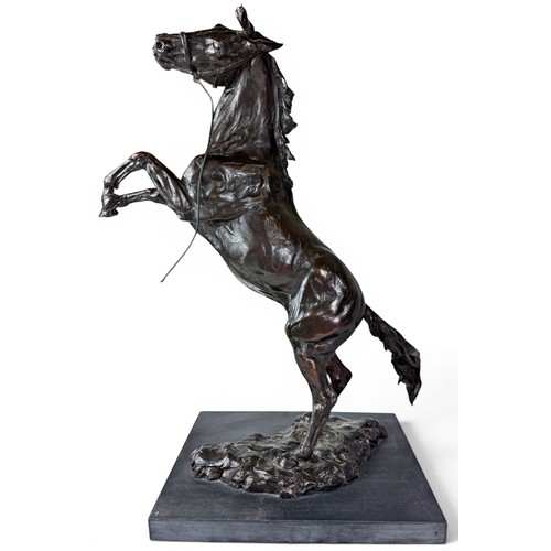 Emma Macdermott (Irish, b.1957) An impressive equestrian bronze in the form of a rearing stallion, signed to the rocky ground, further initialled and dated ‘99 and numbered 3/9, on a slate plinth base, 55cm high, 30.7cm x 23cm