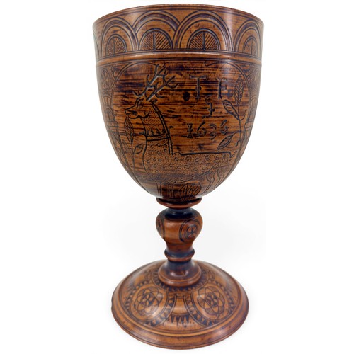 An important Charles I English pearwood standing cup, the turned bowl with fine penwork decoration detailing a white hart, unicorn and wyvern below initials ‘T.F.S’ and dated 1636, below arcaded borders, the foot detailed with roundels and florets, the bowl and foot separating from the turned stem with simple screw locking notches, 20.5cm high, 10.2cm diameter

Provenance: A. H. Isher & Son, Cheltenham, acquired from the Owen Evan-Thomas collection, 1945, with original correspondence and invoice dated 10 November 1945. 

Dr J. R. B. Thomson, Tharpe, Kent, purchaser from A. H. Isher & Son. By descent. Accompanied by copies of the original invoice and correspondence from A. H. Isher & Son, circa 1945. 

References and Comparisons: Owen Evan-Thomas, Domestic Utensils of Wood, EP Publishing, 1973, pp. 38–43, pls. 14–16. 

Edward H. Pinto, Treen and Other Wooden Bygones, London, 1969, pp. 34–37. 

Victoria and Albert Museum, London, comparable turned pearwood cups, including W.50–51-1913 and 275-to-C-1872

British Museum, engraved pearwood cups, including 1885,0508.121–123 and 1908, 0519.1

Proceedings of the Society of Antiquaries, 2nd Series, Vol. XII, p. 351, 1889, recording a related standing cup and cover dated 1648

The Robert Hoe Collection, New York, 1911, lot 1397

The Connoisseur, vol. 2, 1902, p. 51. 

Sotheby’s, The W. J. Shepherd Collection of Treen, 30 November–1 December 1983, lot 512

Christie’s, London, Seward Kennedy’s Cabinet of Curiosities and the Tony Robinson Collection of Treen Drinking Vessels, 22 November 2016, lots 250 and 277

Christie’s, London, Syd Levethan: The Longridge Collection, 11 June 2010, lot 1011