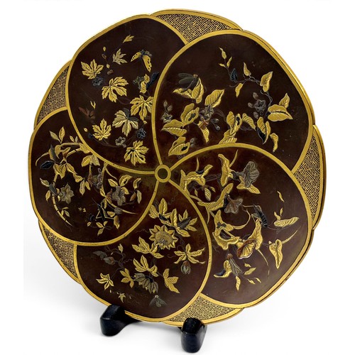 472 - A fine Japanese bronze dish, of plum blossom form, the interior presented as five petals with finely... 