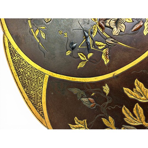 472 - A fine Japanese bronze dish, of plum blossom form, the interior presented as five petals with finely... 