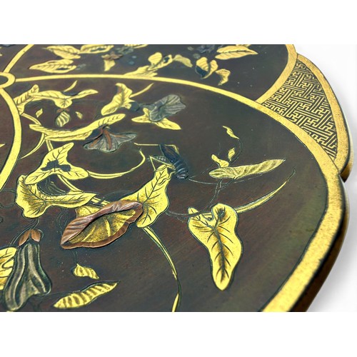 472 - A fine Japanese bronze dish, of plum blossom form, the interior presented as five petals with finely... 