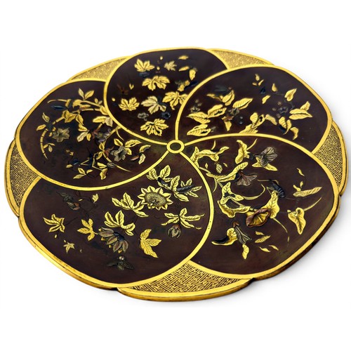 472 - A fine Japanese bronze dish, of plum blossom form, the interior presented as five petals with finely... 