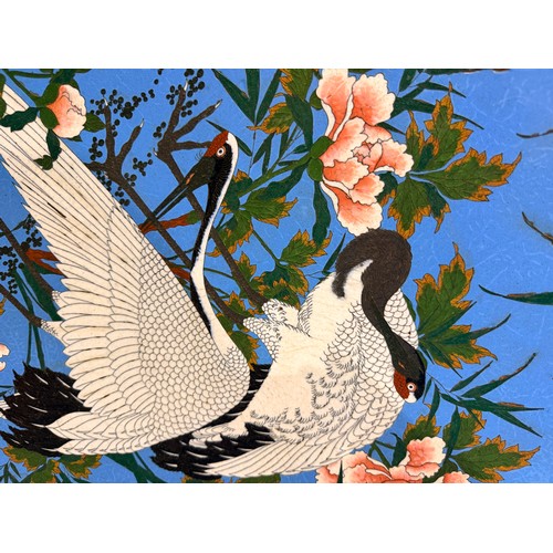 473 - An unusually large Japanese cloisonné enamel charger, decorated with cranes, sparrows and butterflie... 